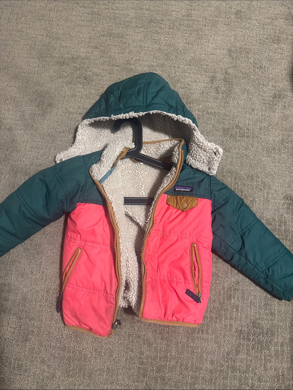 Patagonia Kids Two-Tone Hooded Puffer Jacket in Teal & Coral